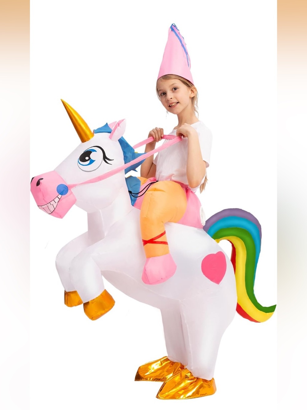 Kids White Unicorn Costume with Rainbow Tail and Gold Hoof Accents nwot medium